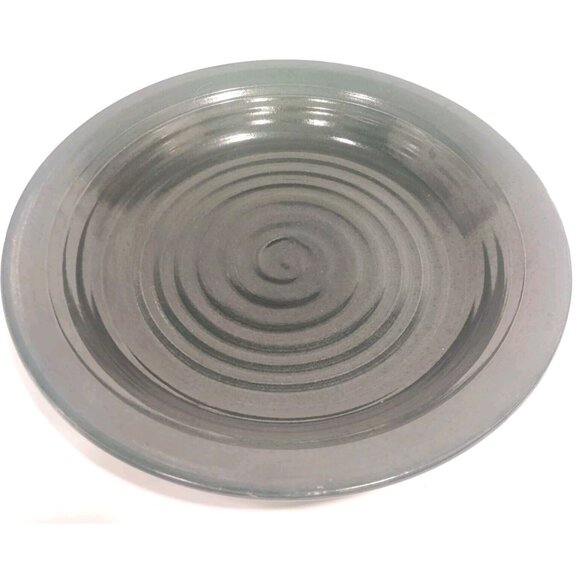 Studio Art Pottery Platter / Bowl Swirls Solid Dark Green/Black? 13x13x2" Signed - Picture 3 of 16